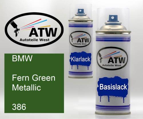 BMW, Fern Green Metallic, 386: 400ml Sprühdose + 400ml Klarlack - Set, von ATW Autoteile West.